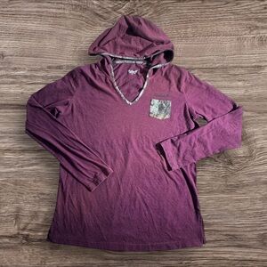 Women's Long Sleeve Burgundy Hooded Tee with Camo